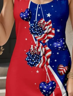 Women's Patriotic Mini Dress Petite Dress Sundress A Line Dress Tank Dress Casual Vacation Daily Holiday Loose Fit Heart Rose Flag Sleeveless Crew Neck Red