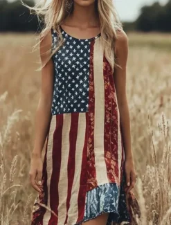 Women's Patriotic Mini Dress Sundress A Line Dress Off The Shoulder Dress Vacation Casual Boho Party Loose Fit Graphic Flag Geometric Sleeveless U Neck Red Summer
