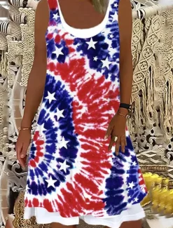 Women's Patriotic Mini Dress T Shirt Dress Tee Dress Sundress A Line Dress Vacation Casual Boho Daily Going out Loose Fit Graphic Flag Tie Dye Sleeveless U Neck Red