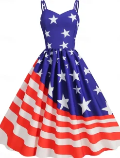 Women's Patriotic Mini Dress A Line Dress Slip Dress Off The Shoulder Dress Casual Outdoor Going out Regular Fit American Flag Sleeveless Spaghetti Strap