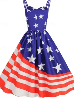 Women's Patriotic Mini Dress A Line Dress Slip Dress Off The Shoulder Dress Casual Outdoor Going out Regular Fit American Flag Sleeveless Spaghetti Strap