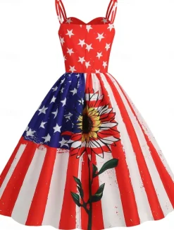 Women's Patriotic Mini Dress A Line Dress Slip Dress Off The Shoulder Dress Casual Outdoor Going out Regular Fit American Flag Sleeveless Spaghetti Strap