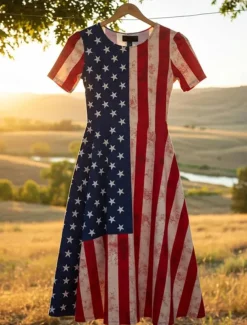 Women's Patriotic Mini Dress T Shirt Dress Sundress Shift Dress A Line Dress Vacation Casual Beach Party BeachFloral Graphic Stars and Stripes Short Sleeve Crew