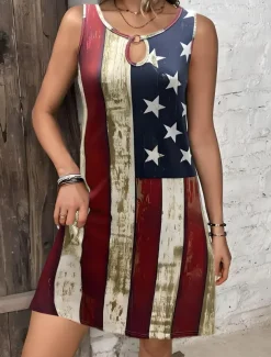 Women's Patriotic Mini Dress Casual Dress Tank Dress Vacation Casual Vacation Daily Regular Fit Flag Sleeveless Crew Neck Red Summer