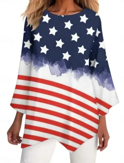 Women's Patriotic Shirt Flag Stylish Casual 3/4 Length Sleeve Crew Neck Regular Tops Daily Print White Red Navy Blue Blue Summer Spring