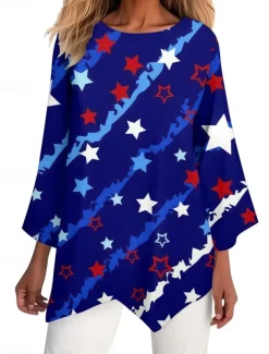 Women's Patriotic Shirt Flag Stylish Casual 3/4 Length Sleeve Crew Neck Regular Tops Daily Print White Red Navy Blue Blue Summer Spring