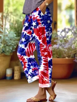 Women's Patriotic Skinny Vacation Vintage Stylish Full Length High Waist Pants Graphic Flag Printing Breathable Soft Red Dark navy Royal Blue Summer