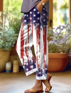 Women's Patriotic Skinny Vacation Vintage Stylish Full Length High Waist Pants Graphic Flag Printing Breathable Soft Red Dark navy Royal Blue Summer
