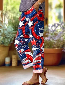 Women's Patriotic Skinny Vacation Vintage Stylish Full Length High Waist Pants Graphic Flag Printing Breathable Soft Red Dark navy Royal Blue Summer