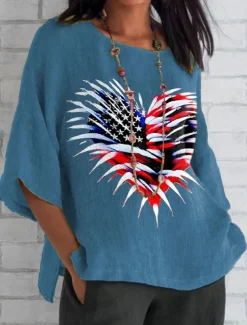 Women's Patriotic Summer Tops Heart Graphic Flag Vintage Casual 3/4 Length Sleeve Crew Neck Regular Tops Daily Print Black White Blue Gray Summer Spring