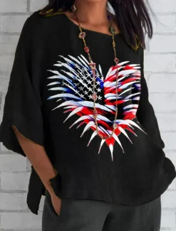 Women's Patriotic Summer Tops Heart Graphic Flag Vintage Casual 3/4 Length Sleeve Crew Neck Regular Tops Daily Print Black White Blue Gray Summer Spring