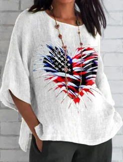 Women's Patriotic Summer Tops Heart Graphic Flag Vintage Casual 3/4 Length Sleeve Crew Neck Regular Tops Daily Print Black White Blue Gray Summer Spring