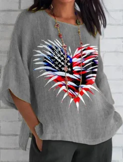 Women's Patriotic Summer Tops Heart Graphic Flag Vintage Casual 3/4 Length Sleeve Crew Neck Regular Tops Daily Print Black White Blue Gray Summer Spring