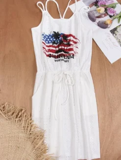 Women's Patriotic Swimwear Cover Up Swim Dress Swimsuit Cut Out Vacation Beach Wear Solid Color Round Neck Sleeveless Bathing Suits