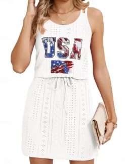 Women's Patriotic Swimwear Cover Up Swim Dress Swimsuit Cut Out Vacation Beach Wear Solid Color Round Neck Sleeveless Bathing Suits