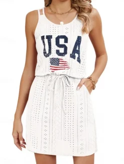 Women's Patriotic Swimwear Cover Up Swim Dress Swimsuit Cut Out Vacation Beach Wear Solid Color Round Neck Sleeveless Bathing Suits