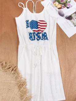 Women's Patriotic Swimwear Cover Up Swim Dress Swimsuit Cut Out Vacation Beach Wear Solid Color Round Neck Sleeveless Bathing Suits