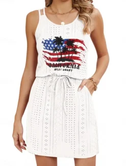 Women's Patriotic Swimwear Cover Up Swim Dress Swimsuit Cut Out Vacation Beach Wear Solid Color Round Neck Sleeveless Bathing Suits