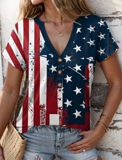 Women's Patriotic T Shirt American Flag Stylish Red White And Blue Short Sleeve V Neck Regular Tops Daily Buttons Print Blue Summer