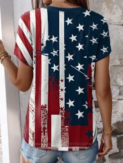 Women's Patriotic T Shirt American Flag Stylish Red White And Blue Short Sleeve V Neck Regular Tops Daily Buttons Print Blue Summer