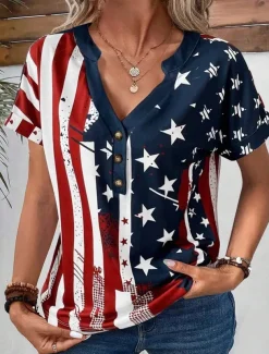 Women's Patriotic T Shirt American Flag Stylish Red White And Blue Short Sleeve V Neck Regular Tops Daily Buttons Print Blue Summer