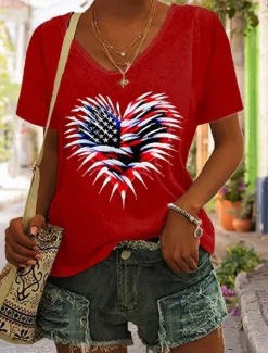 Women's Patriotic T Shirt Graphic Flag American Flag Vintage Stylish Classic Short Sleeve V Neck Regular Tops Daily Weekend Print Black White Red Blue Green