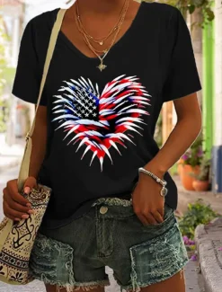 Women's Patriotic T Shirt Graphic Flag American Flag Vintage Stylish Classic Short Sleeve V Neck Regular Tops Daily Weekend Print Black White Red Blue Green