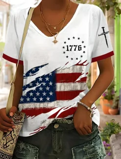 Women's Patriotic T Shirt Graphic American Flag Vintage Stylish Classic Short Sleeve V Neck Regular Tops Daily Weekend Print Blue Summer Spring