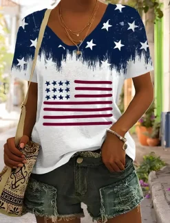 Women's Patriotic T Shirt Graphic American Flag Vintage Stylish Classic Short Sleeve V Neck Regular Tops Daily Weekend Print Blue Summer Spring
