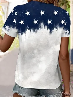 Women's Patriotic T Shirt Graphic American Flag Vintage Stylish Classic Short Sleeve V Neck Regular Tops Daily Weekend Print Blue Summer Spring