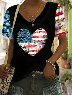 Women's Patriotic T Shirt Graphic American Flag Vintage Stylish Classic Short Sleeve V Neck Regular Tops Daily Weekend Print Blue Summer Spring