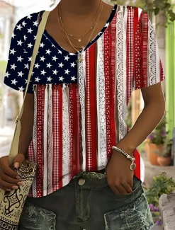 Women's Patriotic T Shirt Graphic American Flag Vintage Stylish Classic Short Sleeve V Neck Regular Tops Daily Weekend Print Blue Summer Spring