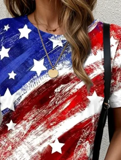 Women's Patriotic T Shirt Graphic Flag Vintage Stylish Classic Red White And Blue Short Sleeve Crew Neck Round Neck Regular Tops Daily Print Red / Blue Summer Spring