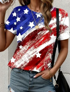 Women's Patriotic T Shirt Graphic Flag Vintage Stylish Classic Red White And Blue Short Sleeve Crew Neck Round Neck Regular Tops Daily Print Red / Blue Summer Spring