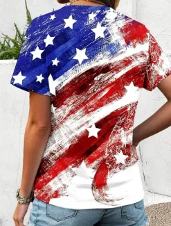 Women's Patriotic T Shirt Graphic Flag Vintage Stylish Classic Red White And Blue Short Sleeve Crew Neck Round Neck Regular Tops Daily Print Red / Blue Summer Spring