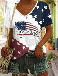 Women's Patriotic T Shirt Flag American Flag National Flag Casual Red White And Blue Short Sleeve Round Neck Regular Tops Daily Print Blue Summer