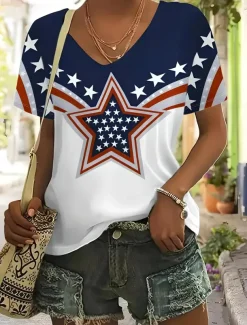 Women's Patriotic T Shirt Flag American Flag National Flag Casual Red White And Blue Short Sleeve Round Neck Regular Tops Daily Print Blue Summer