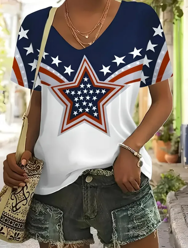 Women's Patriotic T Shirt Flag American Flag National Flag Casual Red White And Blue Short Sleeve Round Neck Regular Tops Daily Print Blue Summer