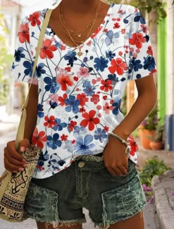 Women's Patriotic T Shirt Flag American Flag National Flag Casual Red White And Blue Short Sleeve Round Neck Regular Tops Daily Print Blue Summer