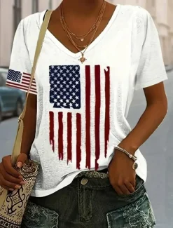 Women's Patriotic T Shirt Flag American Flag National Flag Casual Red White And Blue Short Sleeve Round Neck Regular Tops Daily Print Blue Summer