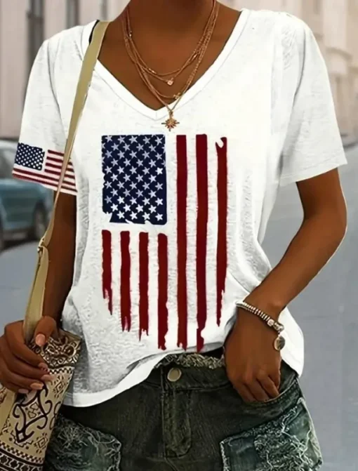 Women's Patriotic T Shirt Flag American Flag National Flag Casual Red White And Blue Short Sleeve Round Neck Regular Tops Daily Print Blue Summer