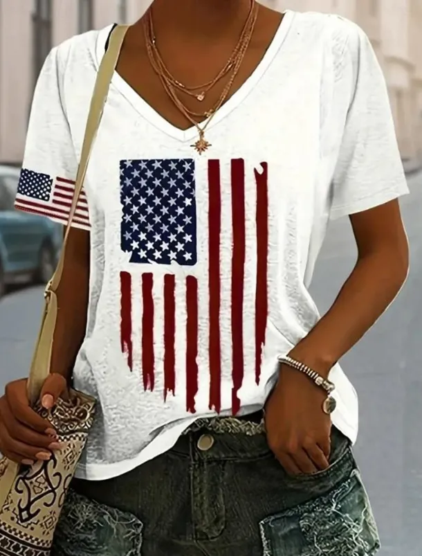 Women's Patriotic T Shirt Flag American Flag National Flag Casual Red White And Blue Short Sleeve Round Neck Regular Tops Daily Print Blue Summer