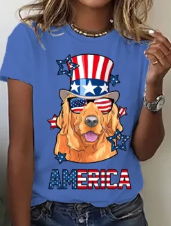 Women's Patriotic T Shirt Graphic Flag Vintage Stylish Casual Short Sleeve Crew Neck Regular Tops Daily Print Black White Blue Light Blue Summer Spring