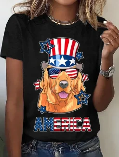 Women's Patriotic T Shirt Graphic Flag Vintage Stylish Casual Short Sleeve Crew Neck Regular Tops Daily Print Black White Blue Light Blue Summer Spring