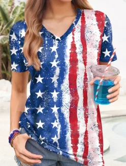Women's Patriotic T Shirt Graphic American Flag Vintage Stylish Casual Short Sleeve V Neck Regular Tops Daily Weekend Print Red Blue Dusty Blue Summer Spring