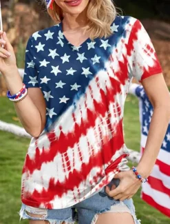 Women's Patriotic T Shirt Graphic American Flag Vintage Stylish Casual Short Sleeve V Neck Regular Tops Daily Weekend Print Red Blue Dusty Blue Summer Spring