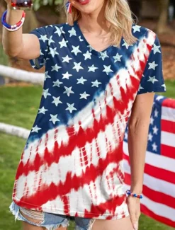Women's Patriotic T Shirt Graphic American Flag Vintage Stylish Casual Short Sleeve V Neck Regular Tops Daily Weekend Print Red Blue Dusty Blue Summer Spring
