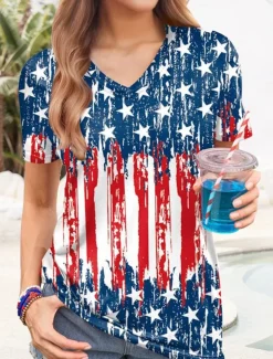 Women's Patriotic T Shirt Graphic American Flag Vintage Stylish Casual Short Sleeve V Neck Regular Tops Daily Weekend Print Red Blue Dusty Blue Summer Spring