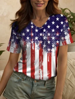 Women's Patriotic T Shirt Graphic American Flag Vintage Stylish Classic Red White And Blue Short Sleeve V Neck Regular Tops Daily Weekend Print Rainbow Summer Spring