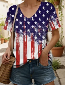 Women's Patriotic T Shirt Graphic American Flag Vintage Stylish Classic Red White And Blue Short Sleeve V Neck Regular Tops Daily Weekend Print Rainbow Summer Spring
